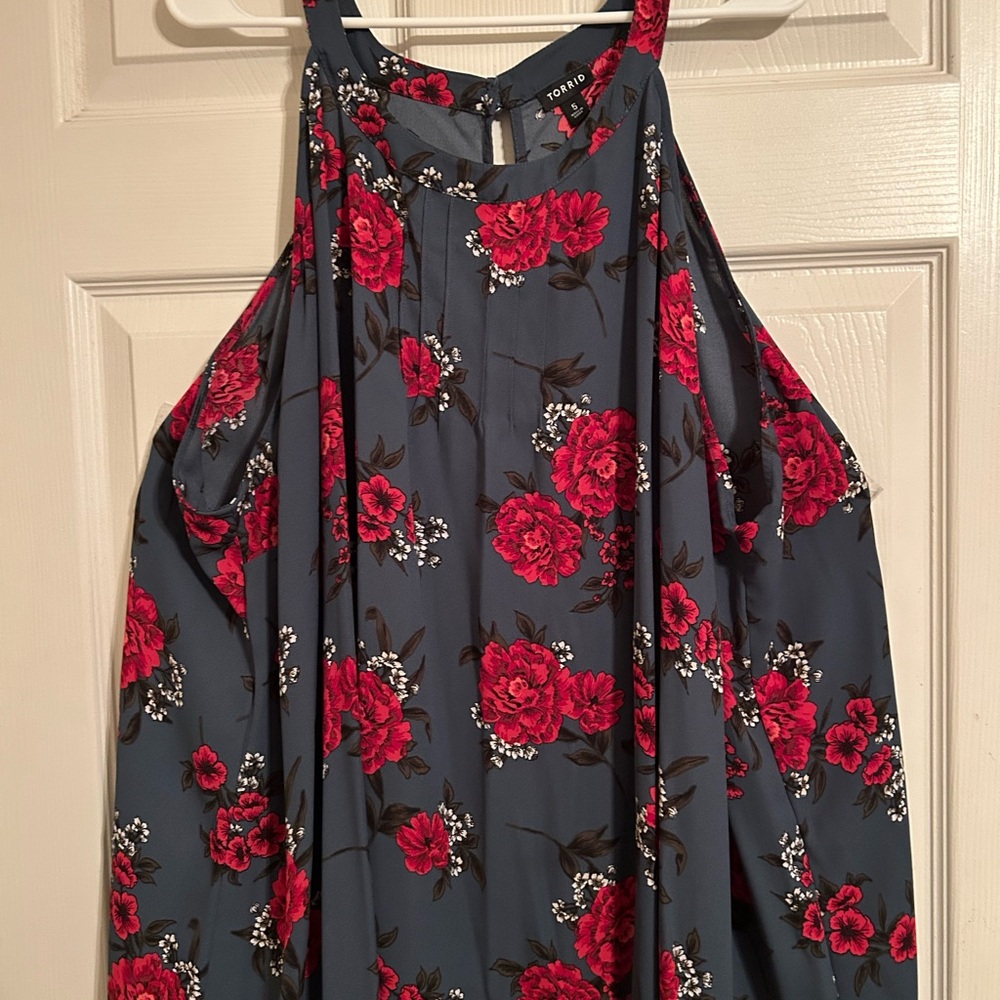 Torrid Blue Top with Red Floral Accents